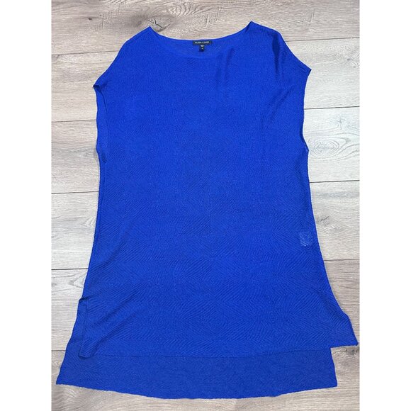 Eileen Fisher Adriatic Blue Rayon Nylon Crinkle Diamond Tunic Sweater Top M - Picture 2 of 9
